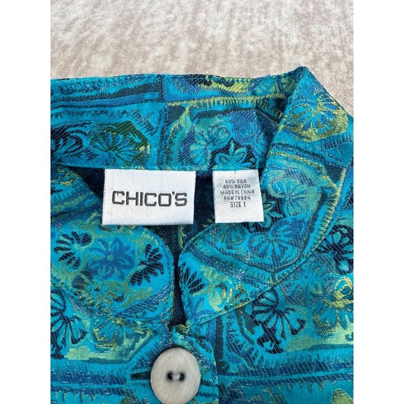 Chicos Turquoise & Gold Button-Up Silk Blend Jacket - Size 1 or U.S. 8 Asian Ins - Picture 4 of 7